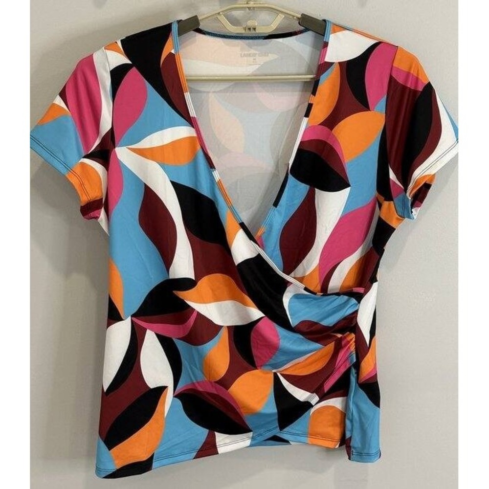 Lands End Womens Short Sleeve Swim Cover Up Top Faux Wrap Geo Print Size M 10 12